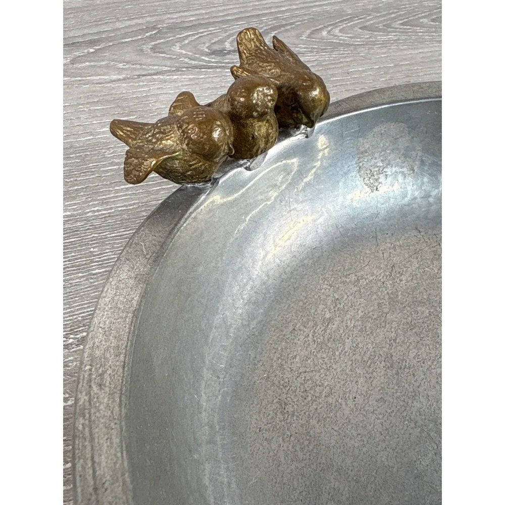Old Newbury Crafters Pewter Bird Dish Trio Songbirds Catchall Bowl Silver Gold